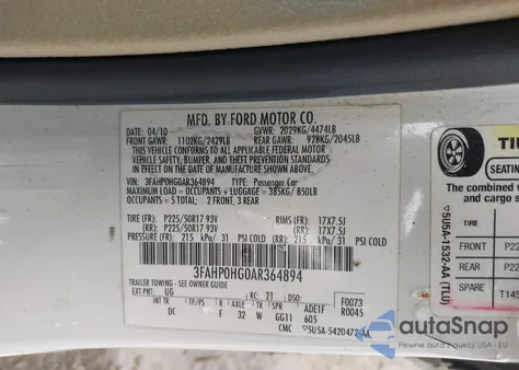 2010 Ford Fusion Se из США, поврежденный, VIN 3FAHP0HG0AR364894